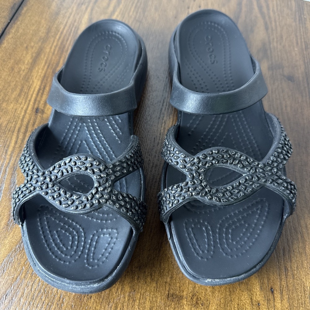 Crocs Meleen Twist Women's 9 Diamante Black Embellished Slip On Comfort Sandals
